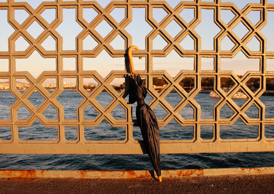 Un paraguas negro colgado en una estructura metálica decorativa, con agua y un paisaje costero de fondo, capturado durante el atardecer.