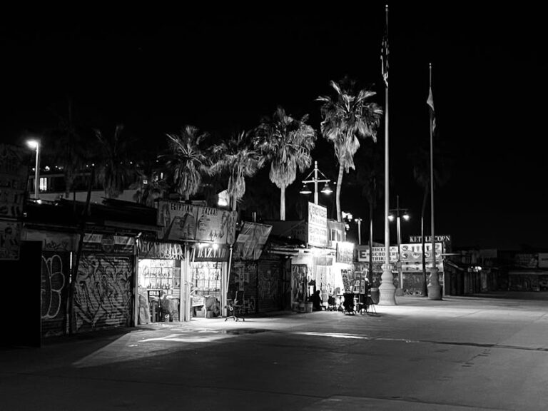 Imagen en blanco y negro de un área costera por la noche, donde se pueden ver palmeras y estructuras con carteles artísticamente pintados. La escena incluye luces tenues y un grupo de personas sentadas cerca de los quioscos