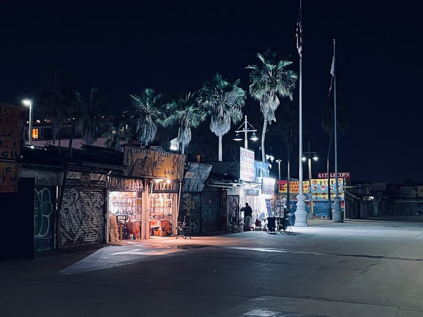 Vista nocturna de un mercado al aire libre con palmeras iluminadas. Se observan estructuras con grafitis y luces cálidas que destacan un puesto de venta. Las banderas ondean en el fondo, creando un ambiente vibrante en un lugar
